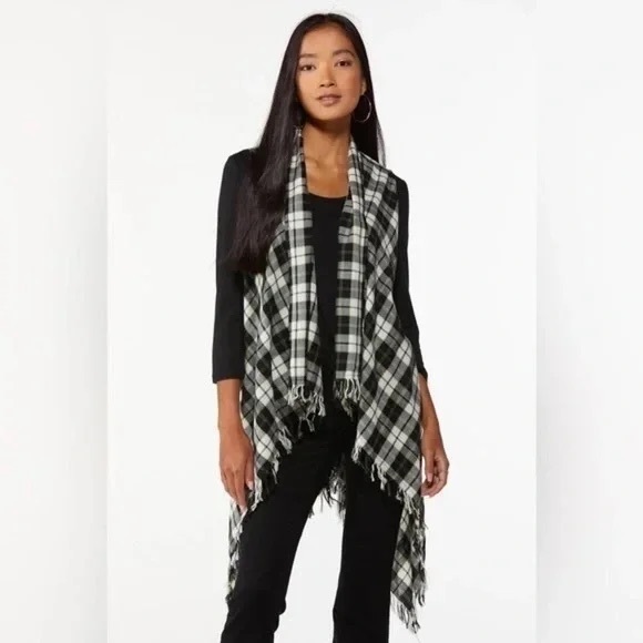 Cato | Plaid Fringe Vest Ideal Black Fall Size Large Boho - Picture 1 of 3